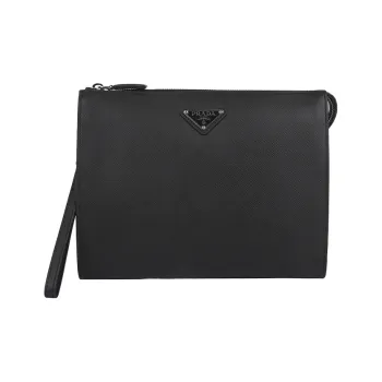 PRADA Cow Leather Wrist Bag Clutch Men's Black