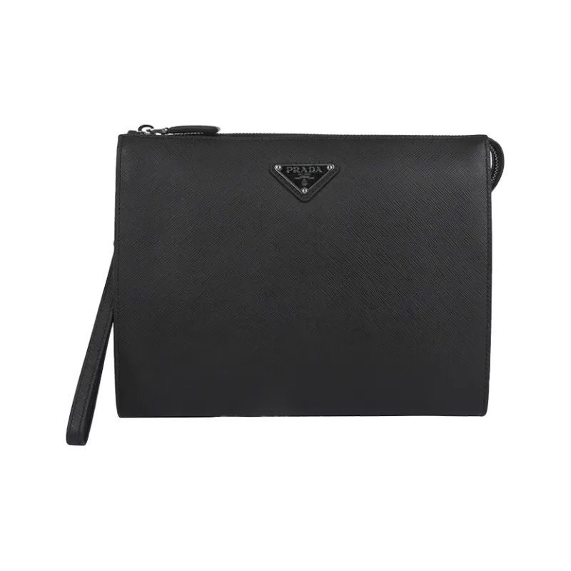 PRADA Cow Leather Wrist Bag Clutch Men's Black-0