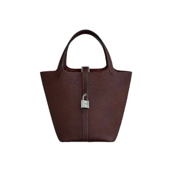 HERMES Clemence Bullock Leather Basket Bag Handbag Bucket Bag 18 Women's 0G Rouge Sellier Saddle Red