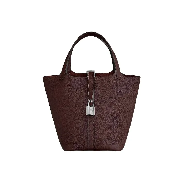 HERMES Clemence Bullock Leather Basket Bag, Bucket Bag, Handbag 18 Women's 0G Rouge Sellier Saddle Red-0