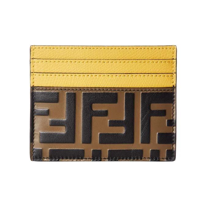 FENDI Calfskin Card Holder Women's Brown And Yellow-0