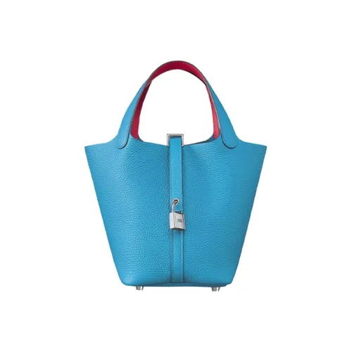 HERMES Picotin Clemence Bullock Leather Swift Calfskin Bucket Bags Handbags 18 Women's Blue/Mexican Pink