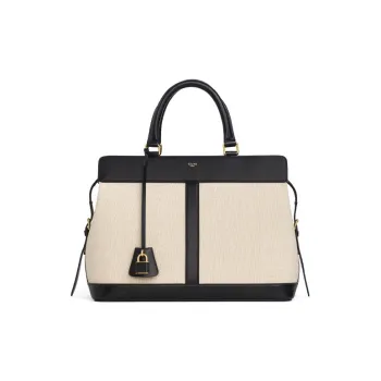 CELINE Cabas Textile Fabric With Calfskin One Shoulder Handbags Medium Size Women's Natural/Black