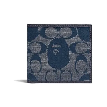 COACH Bape Collaboration Chambray Tanned Leather Card Holder Wallet Coin Purses Unisex Denim Blue