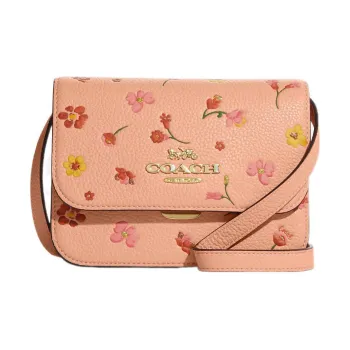 COACH Refined Pebble Leather Small Square Bag Shoulder Bag Crossbody Bag Small Size Women's Orange Pink