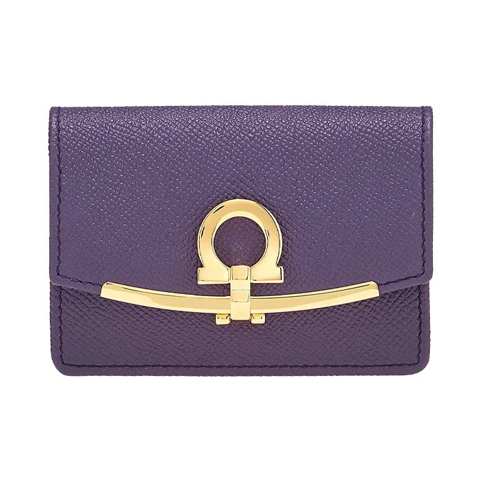 FERRAGAMO GANCINI Hammered Texture Cow Leather Business Card Holder Women's Purple-0