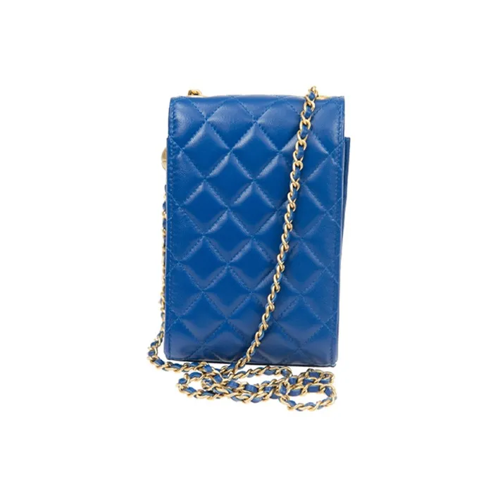 CHANEL Lambskin Chain Flap Cell Phone Pouch Women's Blue-2