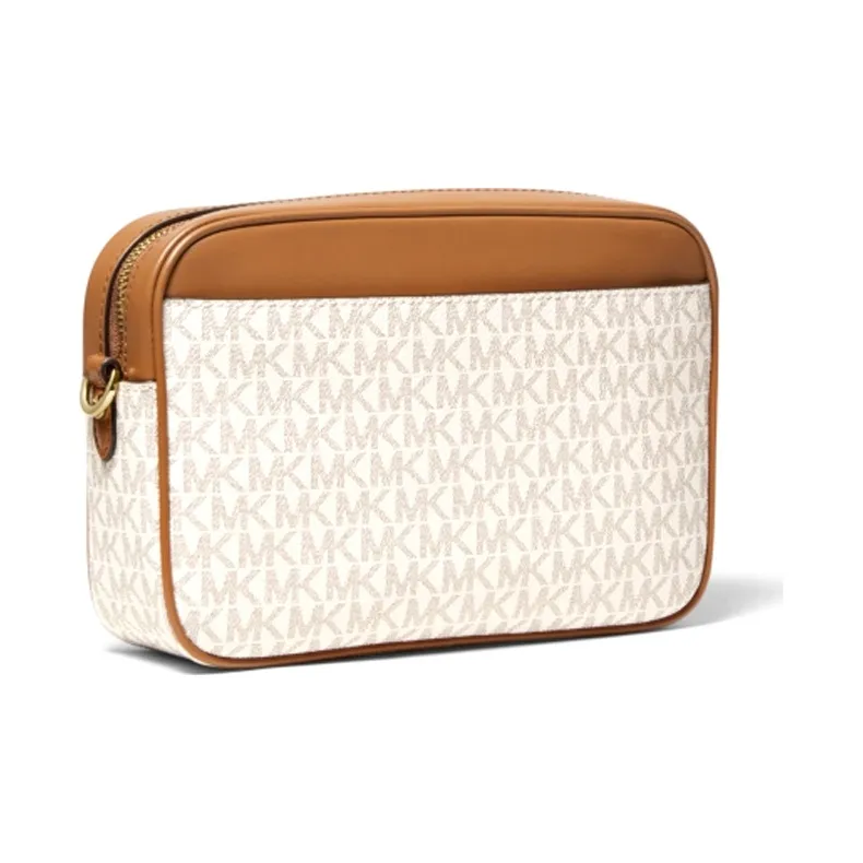 MICHAEL KORS Jet Set Charm Fabric MK Camera Bag, Crossbody Bag Large Size Women's White & Acorn Brown-1
