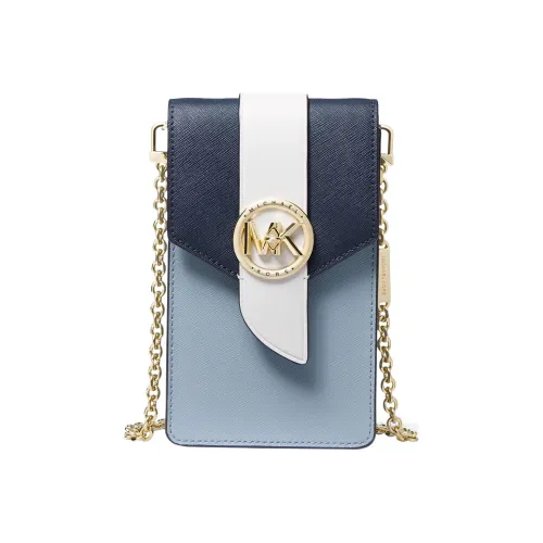 MICHAEL KORS Charm Cow Leather Cell Phone Pouch Crossbody Bags Small Size Women's Light Blue/Marine Blue/White