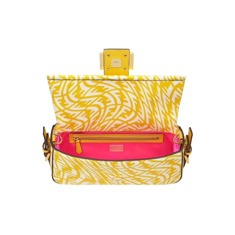 FENDI Baguette Glossy Canvas With Leather Baguette Shoulder Bag, Handbag Shoulder Bag Women's Yellow-3