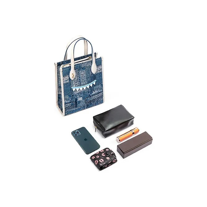 FION Fabric Tote Handbag Regular Women's Blue/White-3