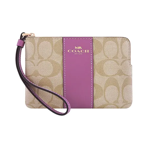 COACH Corner Zip Canvas Wrist Bag Pochette Clutch Women's Purple & Khaki Monogram