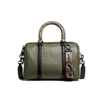 COACH Pebbled Leather With Snake Leather Boston Bag Handbag Shoulder Bag Crossbody Bag Medium Size Women's Army Green