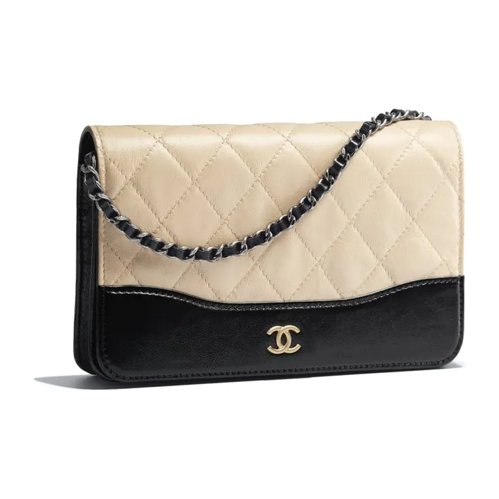 CHANEL Calfskin Wallet, Shoulder Bag Women's Black & Beige-1