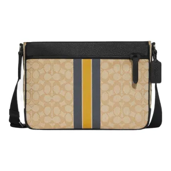 COACH Thompson Leather Laptop Briefcase Crossbody Bag Large Size Men's Light Khaki With Yellow Accents