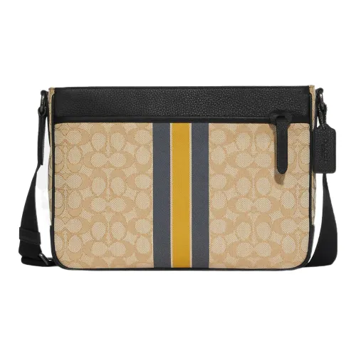 COACH Thompson Leather Laptop Briefcase Crossbody Bag Large Size Men's Light Khaki With Yellow Accents