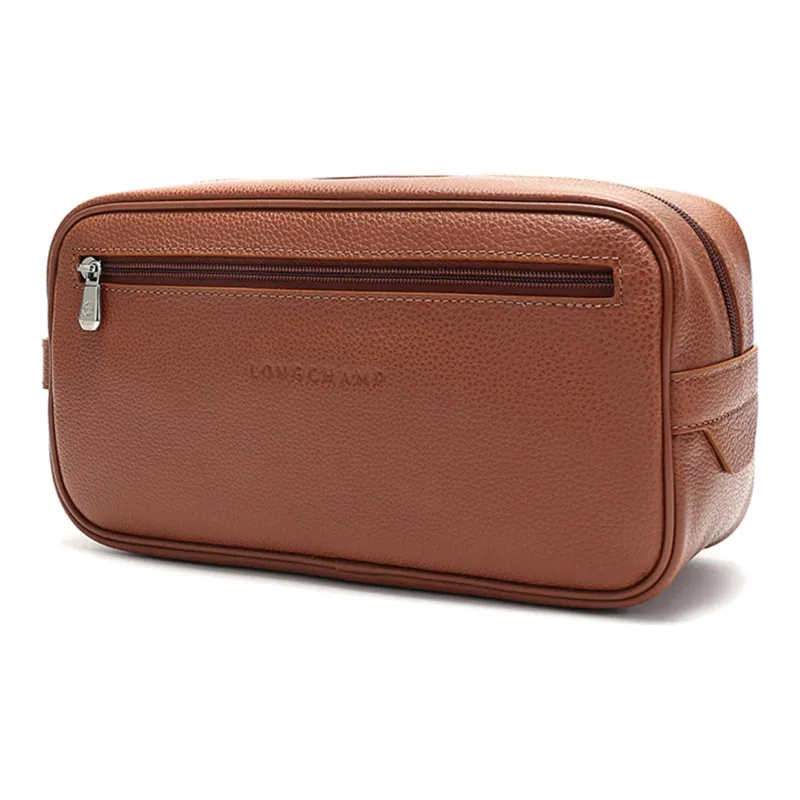 LONGCHAMP Le Pliage Cow Leather Makeup Bags Toiletry Bags Unisex Caramel-1