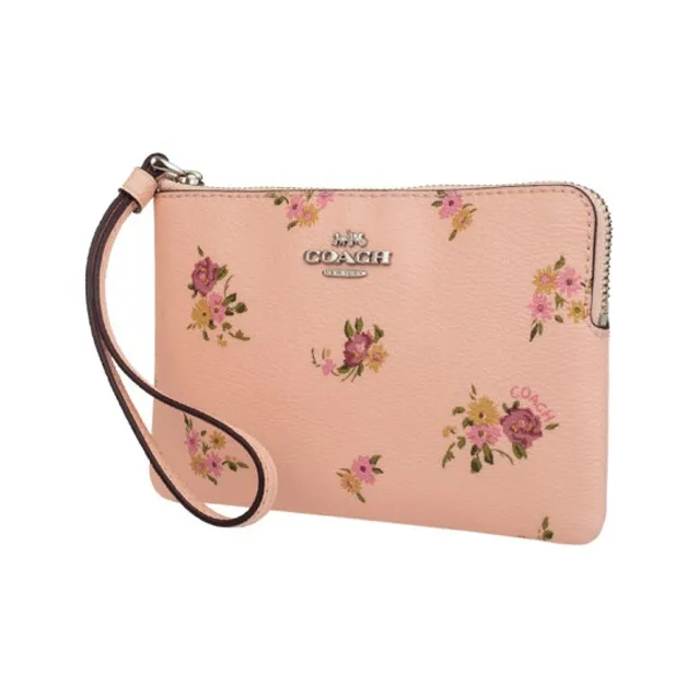 COACH Corner Zip Leather Wallet Coin Purse Card Holder Wrist Bag Women's Apricot-1