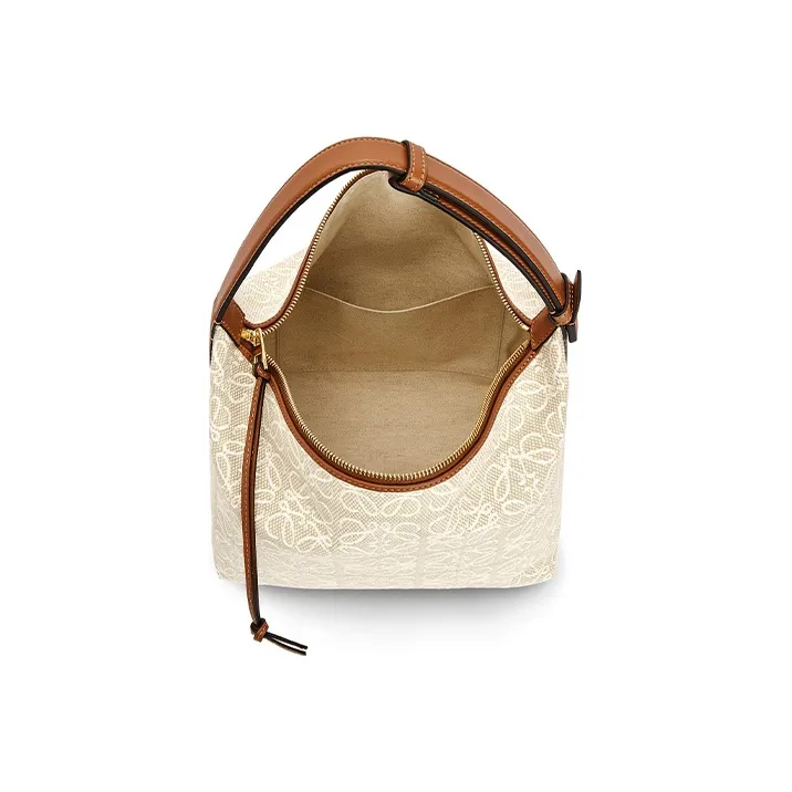 LOEWE CubiAnagram Fabric With Cow Leather Lunch Bag, One Shoulder Handbag Medium Size Women's Ecru/Umber-3