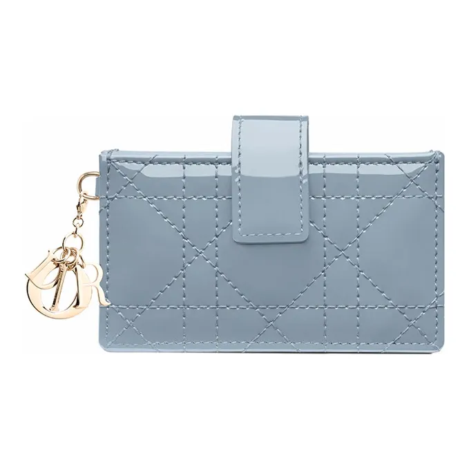 DIOR Patent Leather Calfskin Card Holder Women's Light Blue-0