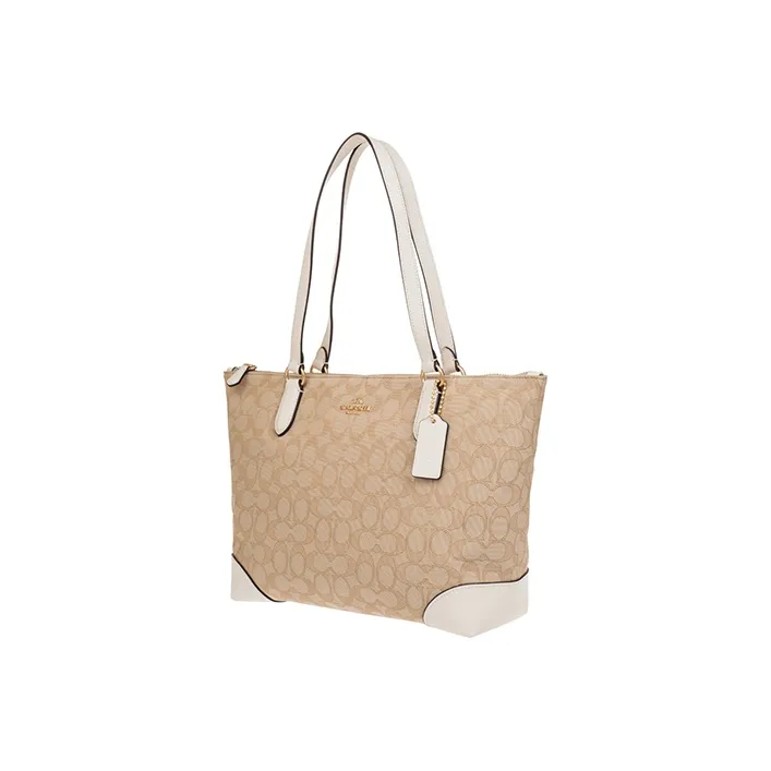 COACH Leather Tote Bag, Shopping Bag, Handbag, Shoulder Bag Women's White & Khaki Monogram-2