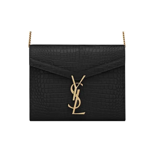 SAINT LAURENT Crocodile Embossed Bright Leather Chain Wallet, Envelope Bag, Crossbody Bag, Shoulder Bag Women's Black