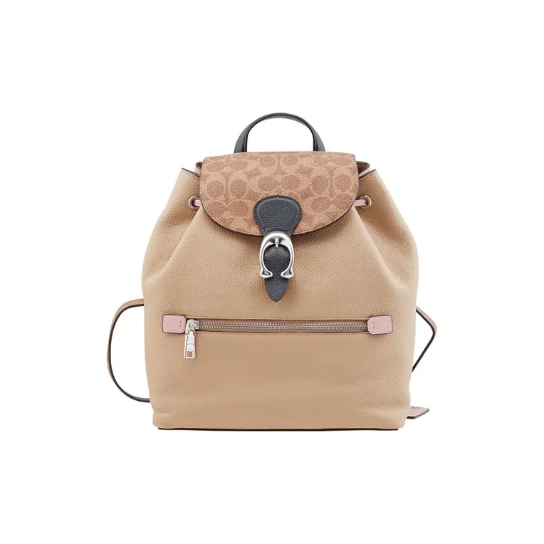 COACH Evie Canvas With Leather Backpack Women's Light Khaki & Khaki Monogram-0