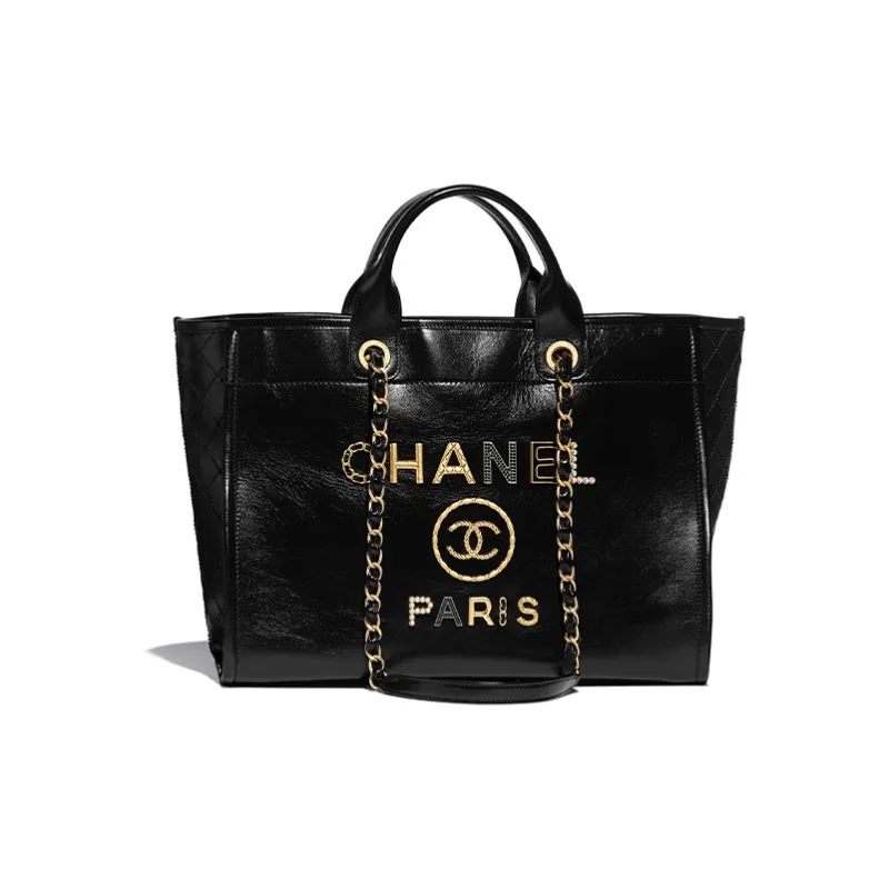 CHANEL Cow Leather Tote Bag, Shopping Bag, Portable Crossbody Bag, Shoulder Bag Unisex Black-0