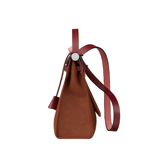 HERMES Herbag Zip Cowhide Patchwork Canvas Handbag Shoulder Bag Crossbody Bag Women's Burgundy/Dark Brown-1