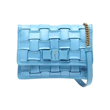 FERRAGAMO Viva Leather Woven Shoulder Bag Women's Light Blue