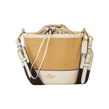 COACH Straw Leather Bucket Bag Portable One Shoulder Crossbody Grass Bag Small Size Women's Ecru