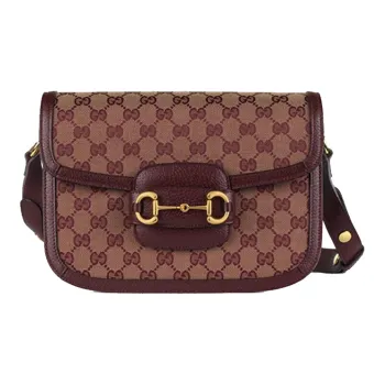 GUCCI Horsebit 1955 Canvas With Leather Saddle Bag, Shoulder Bag, Crossbody Bag Small Size Women's Burgundy