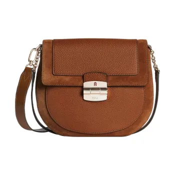 Furla Club 2 Grain Calfskin With Suede Saddle Bag, Crossbody Bag, Shoulder Bag Trumpets Women's Brown