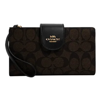 COACH Tech Wallet Canvas Leather Clutch Wallet Unisex Dark Brown & Black