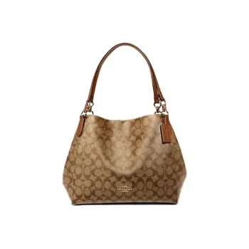 COACH Hallie Canvas With Leather Handbag, Shoulder Bag Women's Khaki With Chocolate