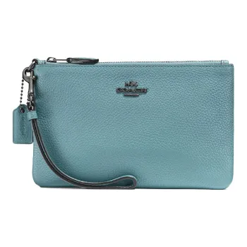 COACH Wristlet Leather Wrist Bag Mahjong Clutch Small Size Women's Sky Blue