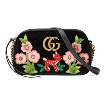 GUCCI Marmont Quilted Velvet Camera Bag Chain Crossbody Bag Shoulder Bag Women's Black