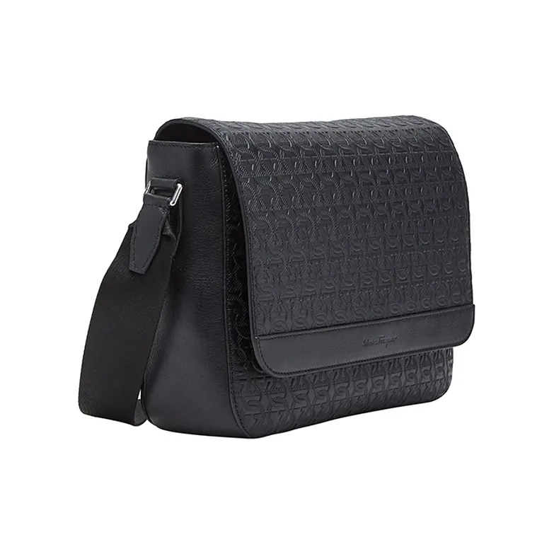 FERRAGAMO GANCINI Cow Leather Messenger Bag Shoulder Bag Crossbody Bag Men's Black-1