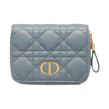 DIOR Caro Calfskin Zip Closure Compact Wallet Regular Women's Cloud Blue