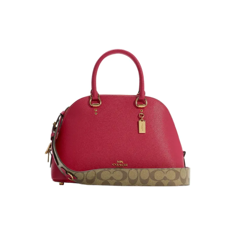 COACH Katy Cross Grain Leather Dome Bag, Shoulder Bag, Crossbody Bag, Handbag Large Size Women's Red & Brown-0