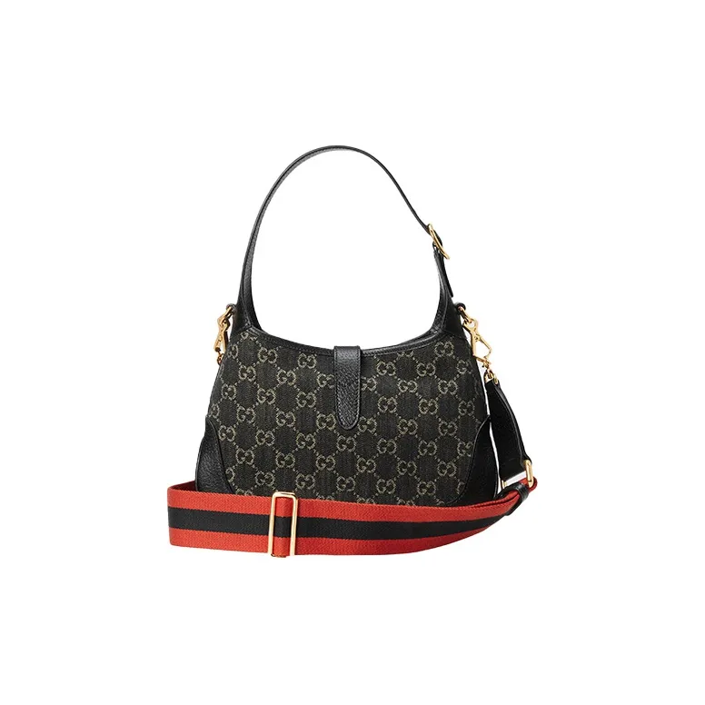 GUCCI Jackie 1961 Canvas With Leather Trim Crescent Shoulder Bag Shoulder Bag, Crossbody Bag Trumpets Women's Black-4