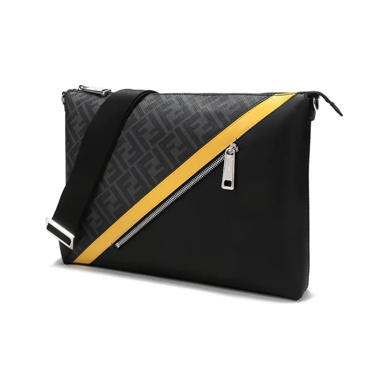 FENDI Leather Messenger Bag Crossbody Bag Shoulder Bag Regular Men's Black Gray Color/Yellow-1