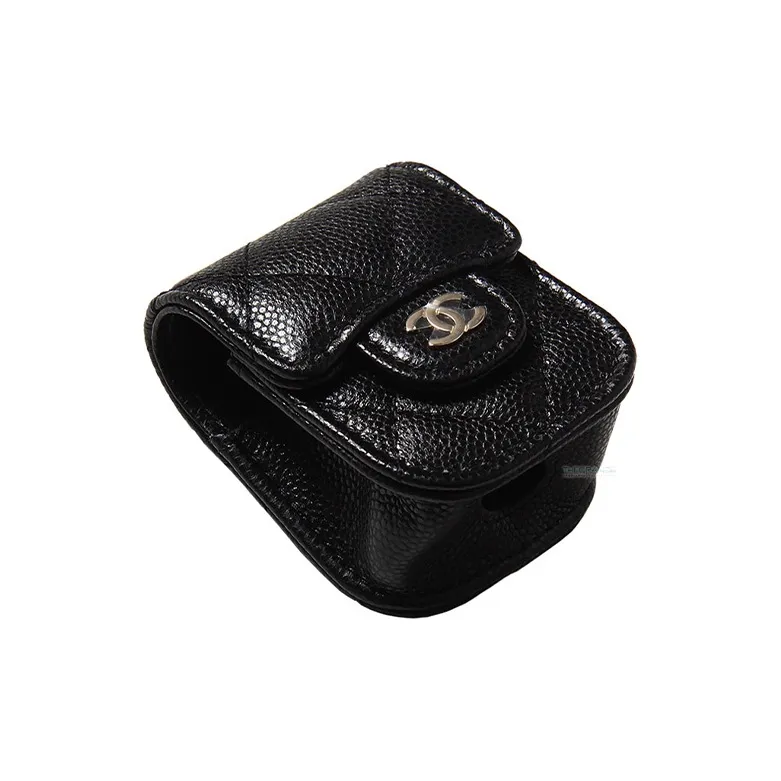 CHANEL Caviar Grain Embossed Shiny Calfskin With Gold Metal AirPods Headphone Case, Clutch, Crossbody Bag Women's Black-1