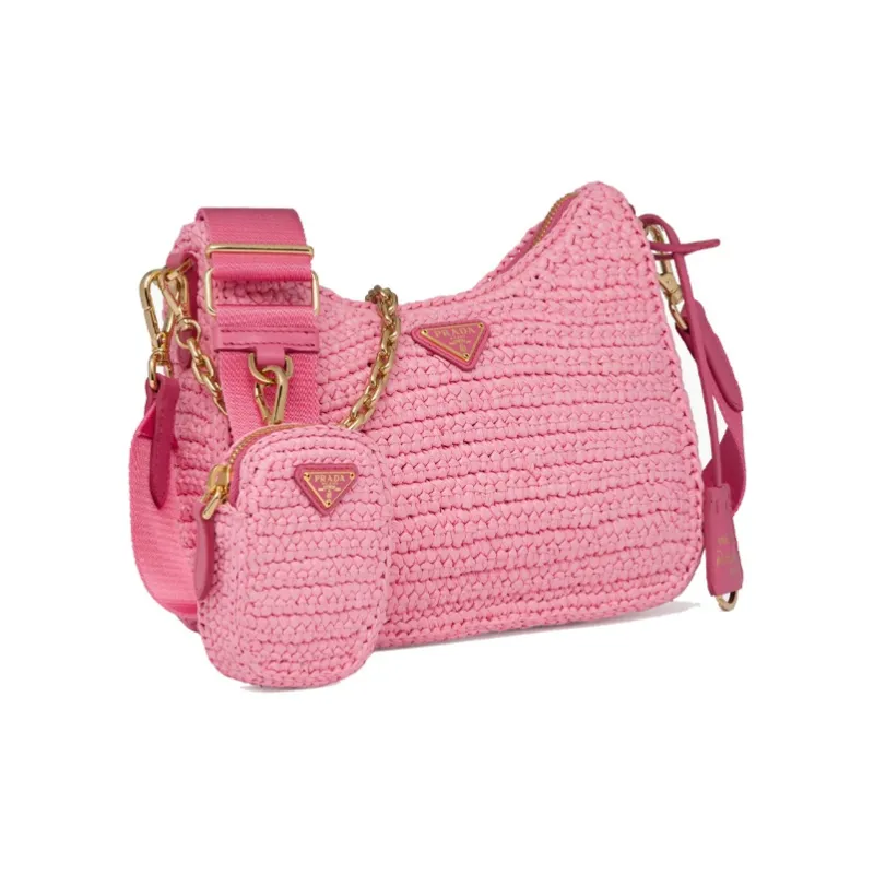 PRADA Re-Edition Raffia Raffia Fiber Hobo Bag Shoulder Bag Combination Handbag Women's Petal Pink-1