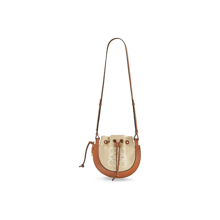 LOEWE Cowhide Patchwork Canvas Frisbee Bag Crossbody Bag Shoulder Bag Small Size Women's Brown-2