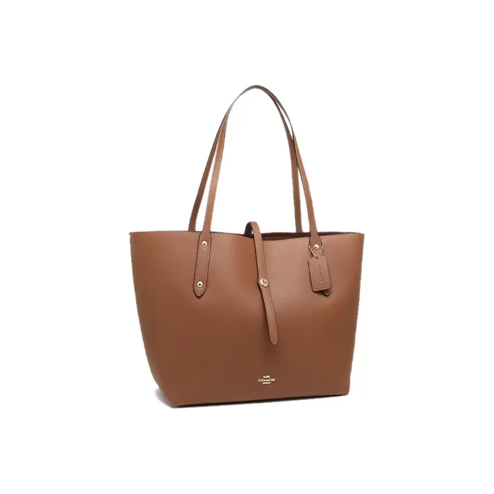 COACH Market Tote Polished Grain Leather Tote Bag, Handbag, Shoulder Bag Tubas Women's Saddle & Saffron & Brown-1