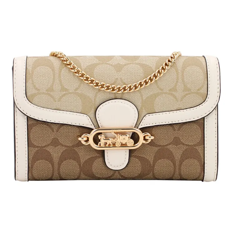 COACH Jade Canvas With Leather Chain Bag Clutch Crossbody Bag Shoulder Bag Small Size Women's Beige Multicolor-0