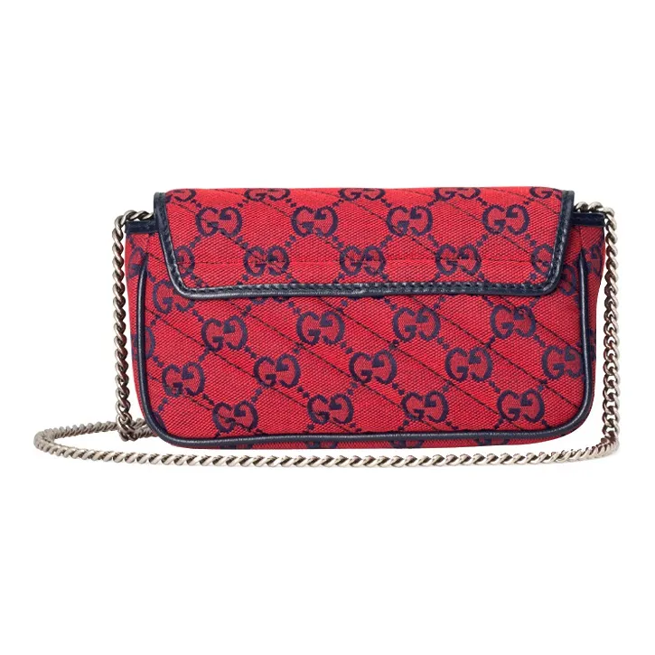 GUCCI Marmont Multicolor Leather Trim, Embroidered Canvas Chain Shoulder Bag, Crossbody Bag Mini Women's Red/Dark Blue-3