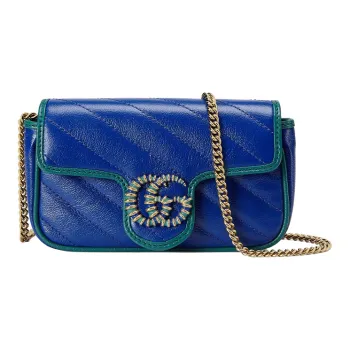 GUCCI GG Marmont Leather Chain Shoulder Bag Crossbody Bag Extra Mini Women's Blue/Sapphire Green