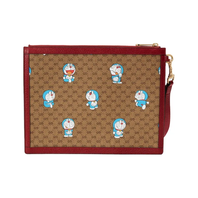 GUCCI Doraemon Doraemon Collaboration Canvas With Leather Clutch Regular Unisex Ebony/Red-3